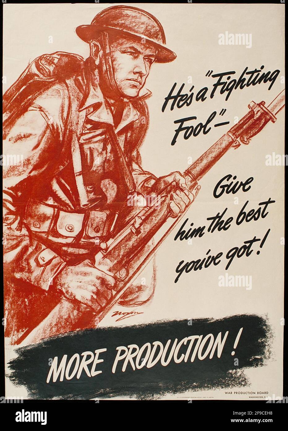 Ein amerikanisches Plakat zum 2. Weltkrieg über die zunehmende Produktion im Krieg Aufwand mit dem Slogan Mehr Produktion Stockfoto