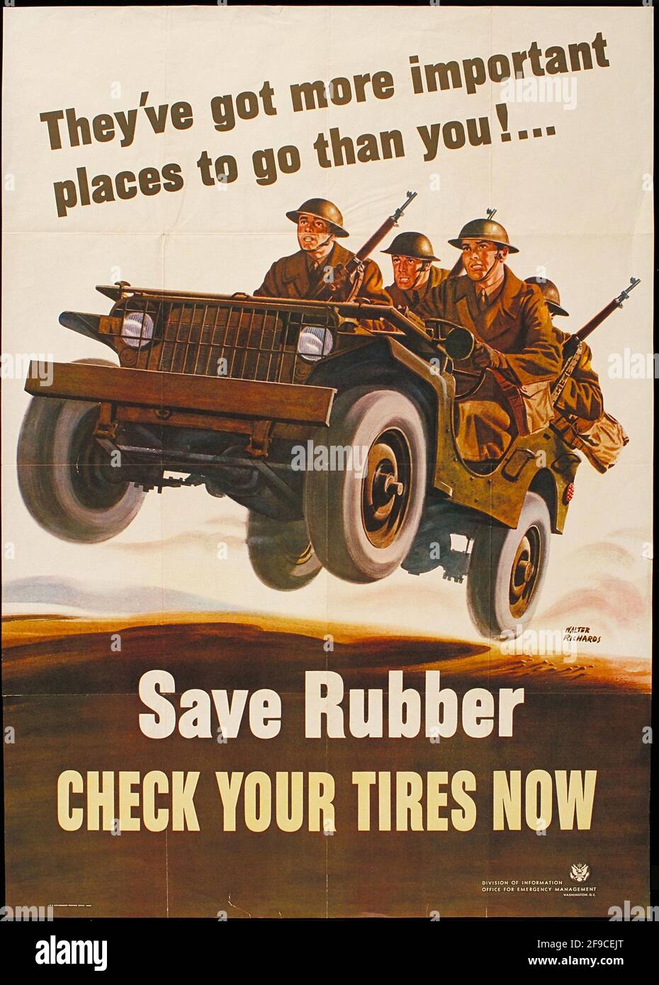 Ein öffentliches Informationsposter aus dem 2. Weltkrieg über die Reduzierung der Gummiverschwendung Durch Reifenkontrolle Stockfoto