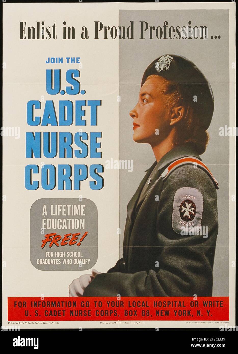 Ein amerikanisches Plakat aus dem 2. Weltkrieg, das Frauen als Kadetten anwirbt Krankenschwester Stockfoto