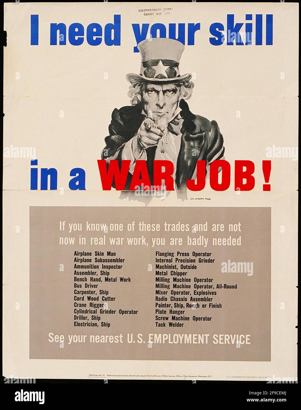 Ein amerikanisches Plakat zur Rekrutierung von Arbeitsplätzen im 2. Weltkrieg für die USA Die Kriegsindustrie zu Hause Stockfoto