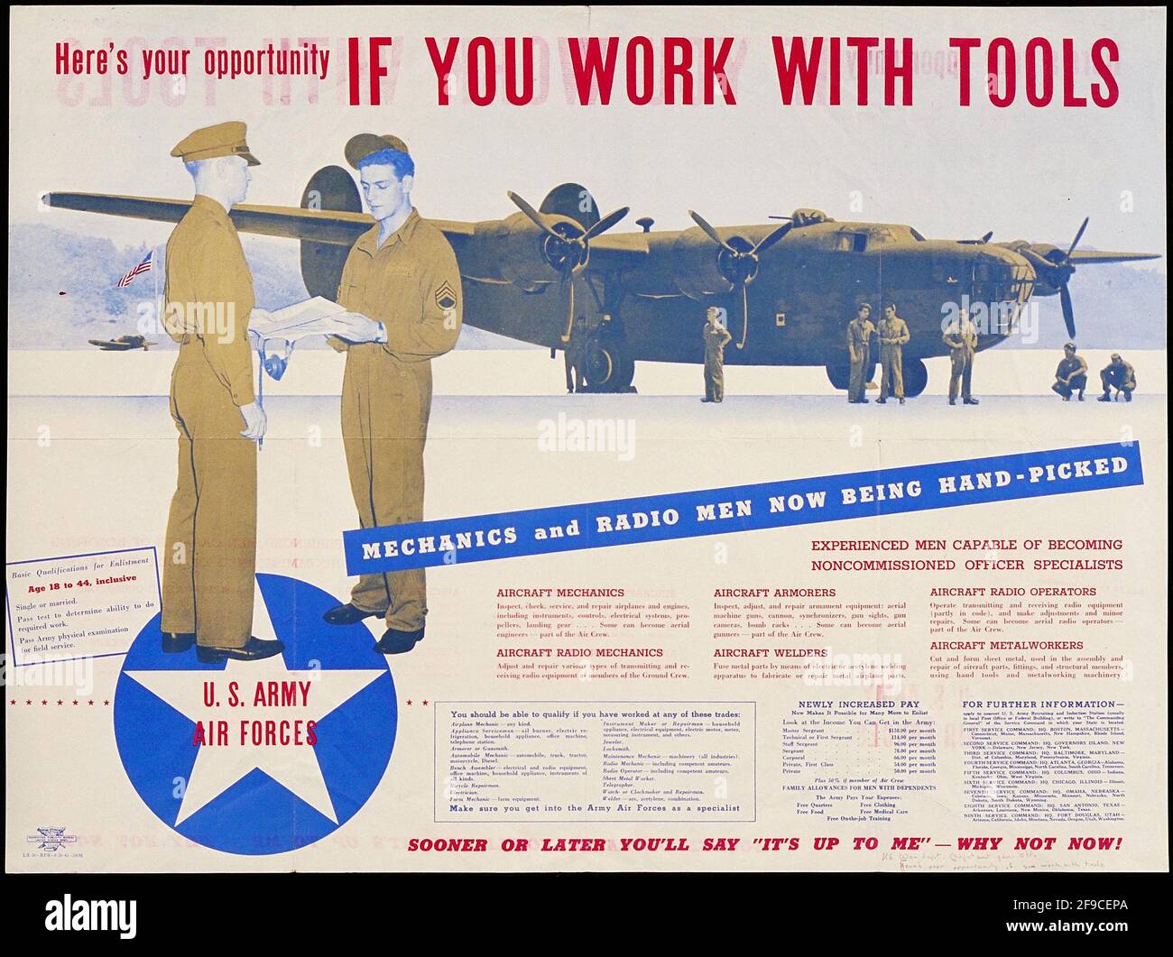 Ein amerikanisches Plakat zur Rekrutierung von Mechanikern und Radiobetreibern aus dem 2. Weltkrieg In der amerikanischen Luftwaffe Stockfoto