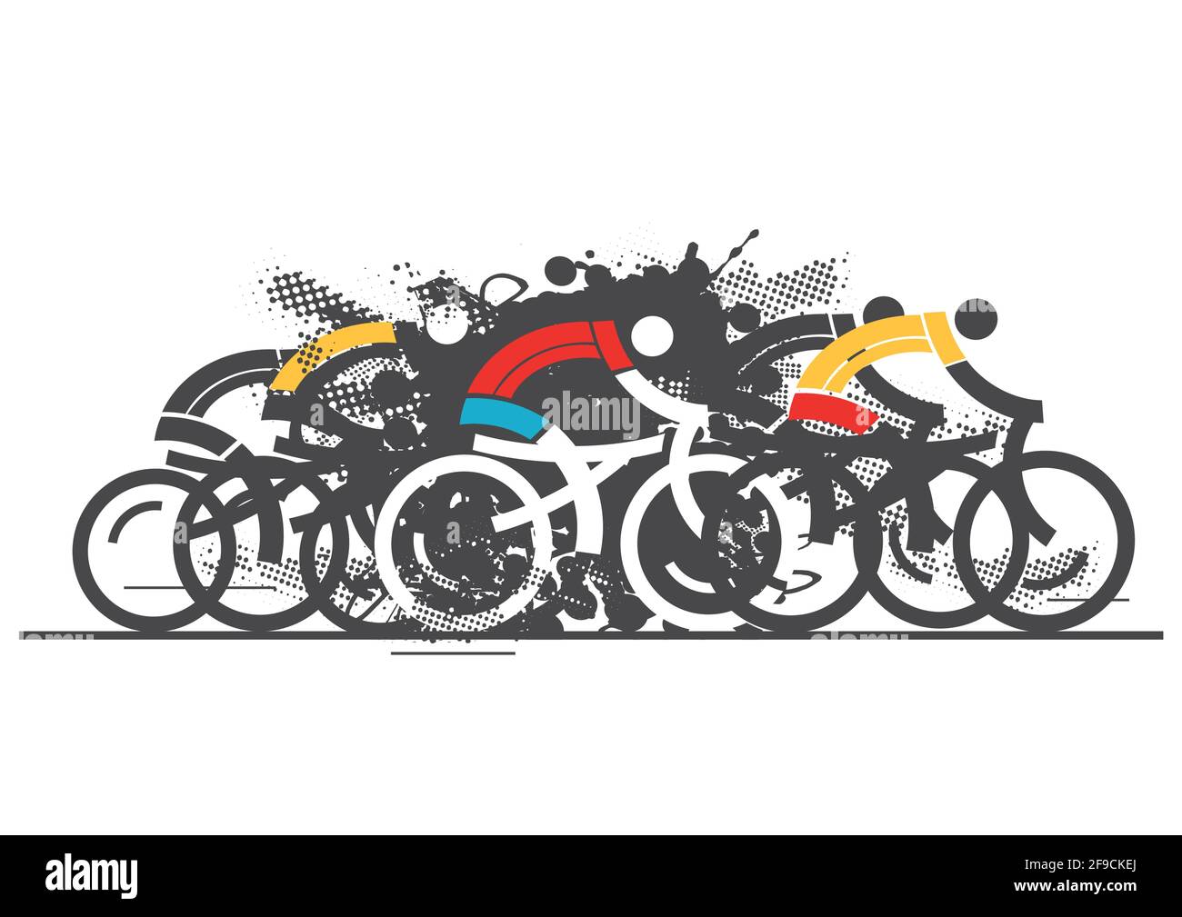 Radrennen, Grunge stilisiert. Ausdrucksstarke Darstellung der Gruppe von Radfahrern in voller Geschwindigkeit. Isoliert auf weißem Hintergrund. Vektor verfügbar. Stock Vektor