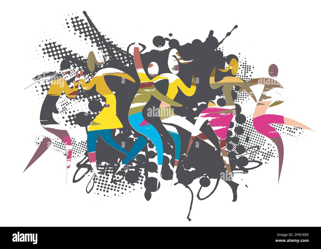 Wilde Tanzparty. Ausdrucksstarke, grunge stilisierte Illustration tanzender Menschen auf abstraktem schwarzem Hintergrund. Vektor verfügbar. Stock Vektor