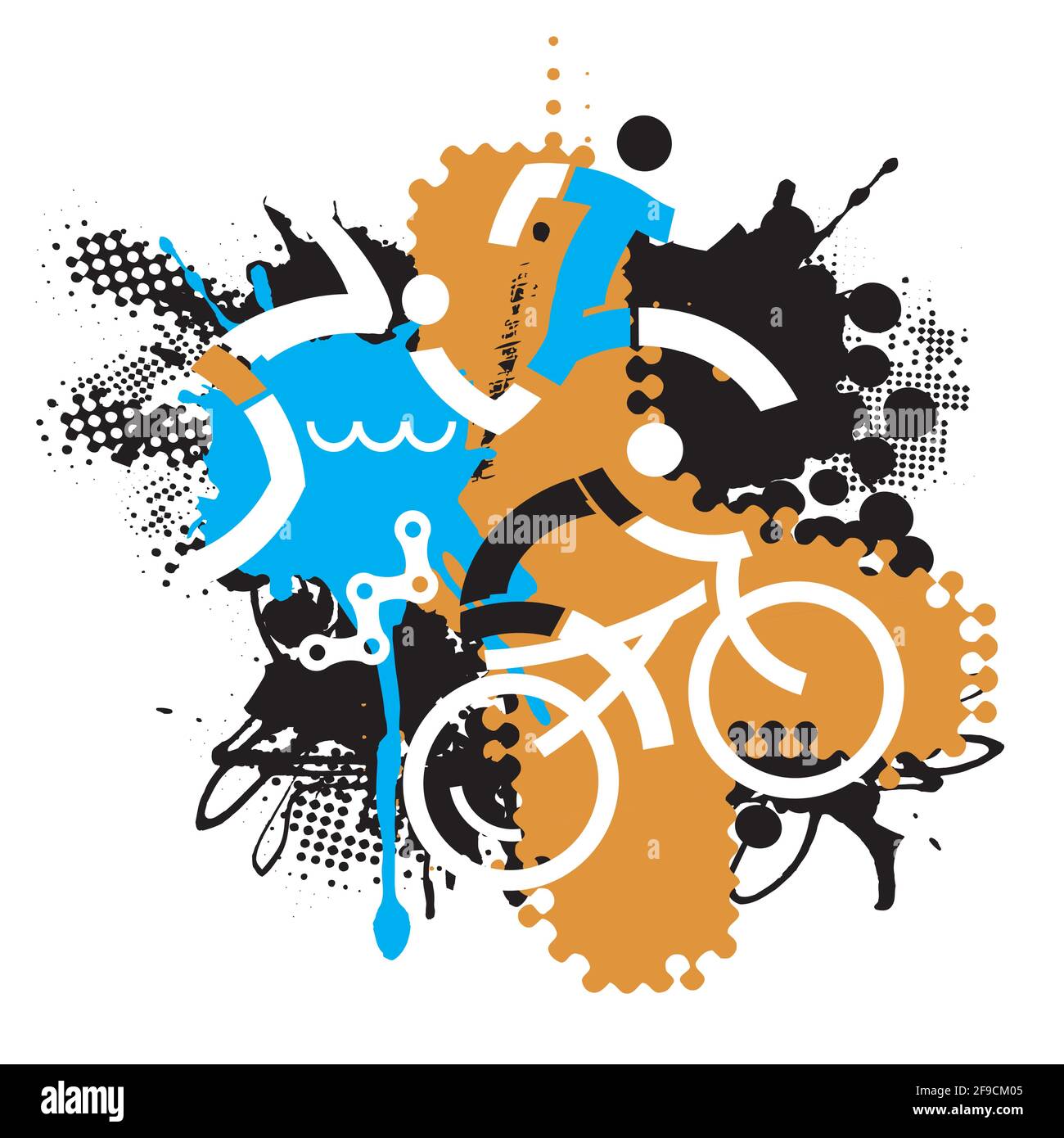 Drei Triathlon-Rennfahrer, Ironman-Wettbewerb. Ausdrucksstarke Zeichnung von Triathlonsymbolen auf dem dynamischen Grunge-Hintergrund. Vektor verfügbar. Stock Vektor