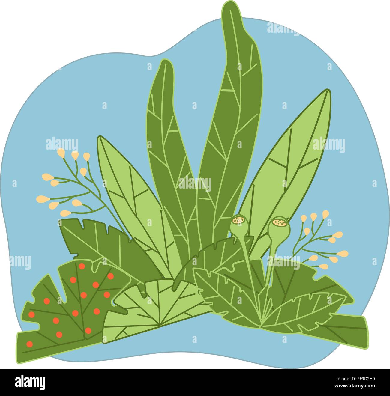 Grüne Pflanzen im Cartoon-Stil auf einem hellblauen abstrakten Hintergrund. Dekorative Komposition tropisch-grüner Pflanzen in flachem Stil. Vektorbuchsen Stock Vektor