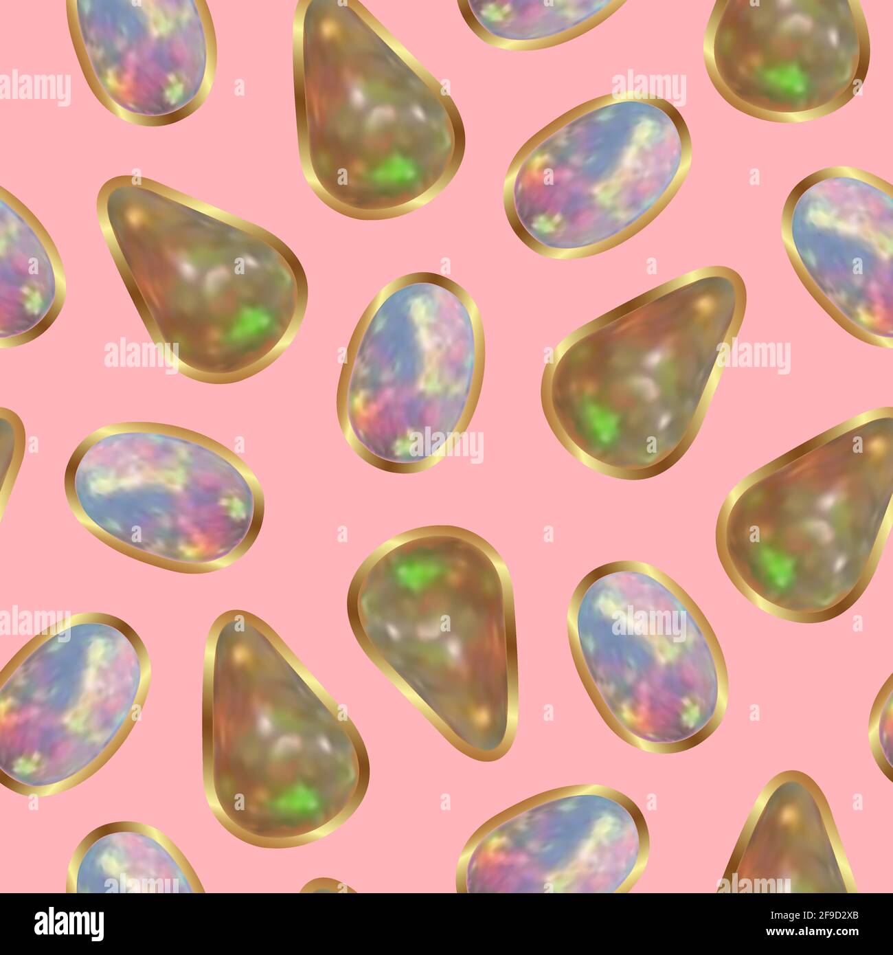 Opale Edelsteine in einer goldenen Fassung auf einem rosa Hintergrund. Nahtloses Vektormuster mit ästhetischen Kristallen mit Gold. Trendiges Hintergrunddesign Stock Vektor