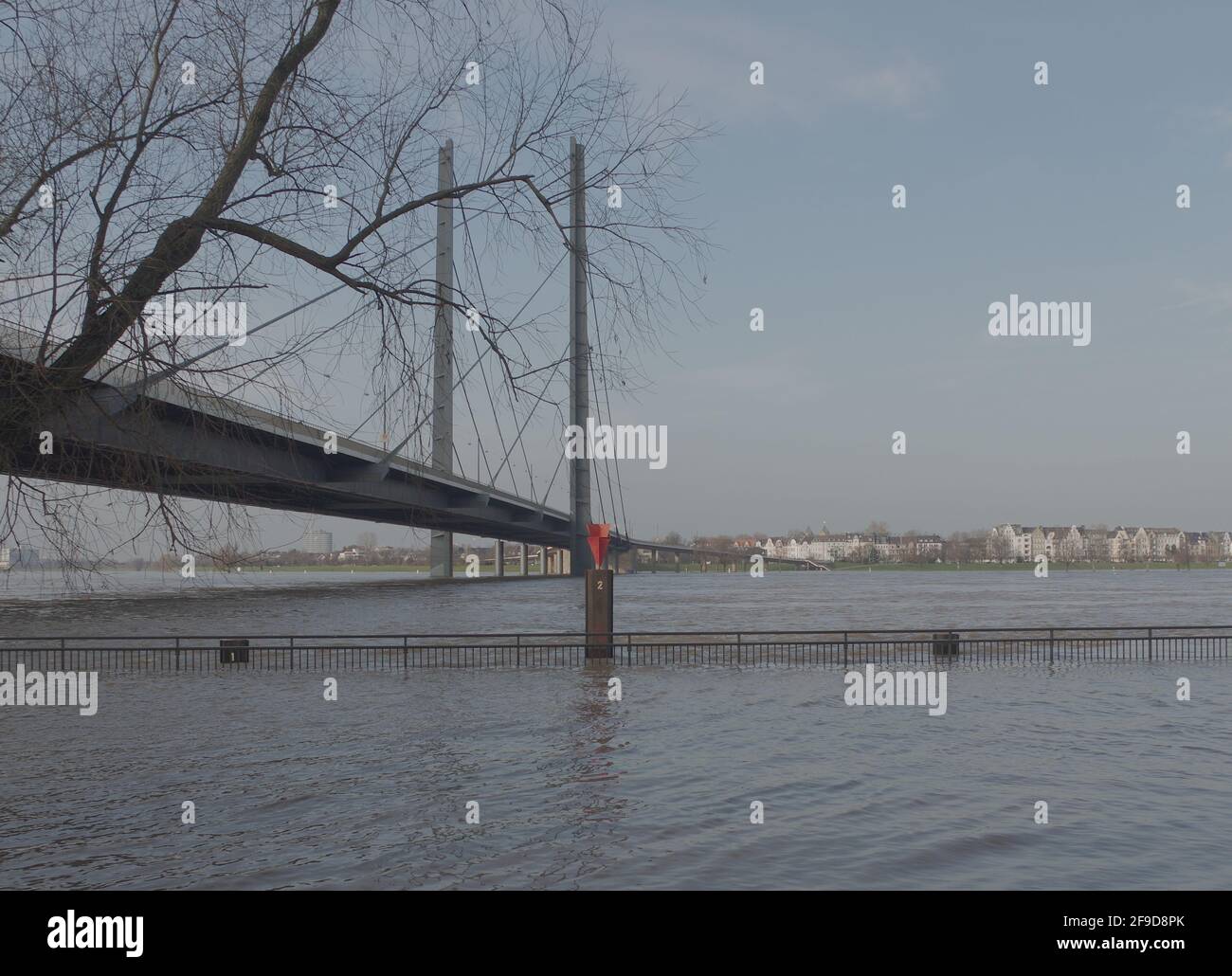 Düsseldorf, Deutschland - 08. Januar 2018 - Winterfluten des Rheins in der Stadt Düsseldorf Stockfoto