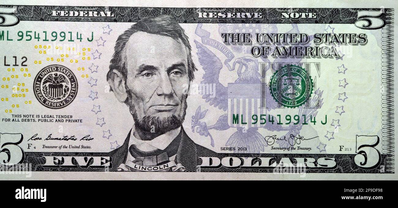 Gegenseite des 5-Dollar-Porträts, Hintergrund der 5-Dollar-Banknote, selektiver Fokus, us-Dollar-Banknote Stockfoto