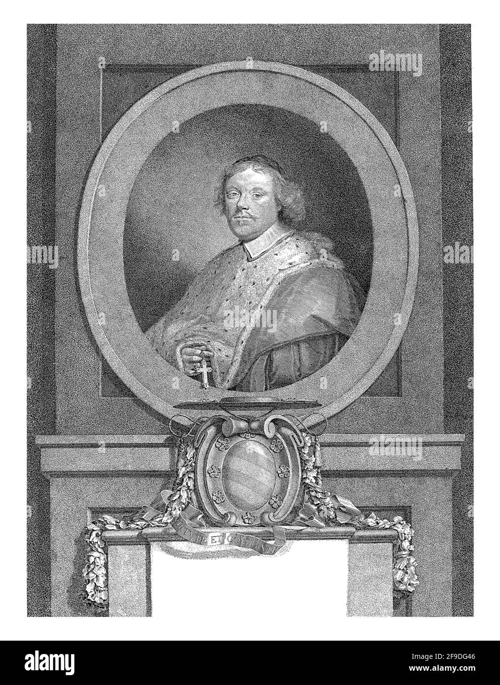 Porträt von Johan Ferdinand de Beughem, Bischof von Antwerpen. Dargestellt in einem ovalen Rahmen, mit einem Kreuz in der Hand. Unter dem Rahmen eine Konsole mit einem Bischof Stockfoto