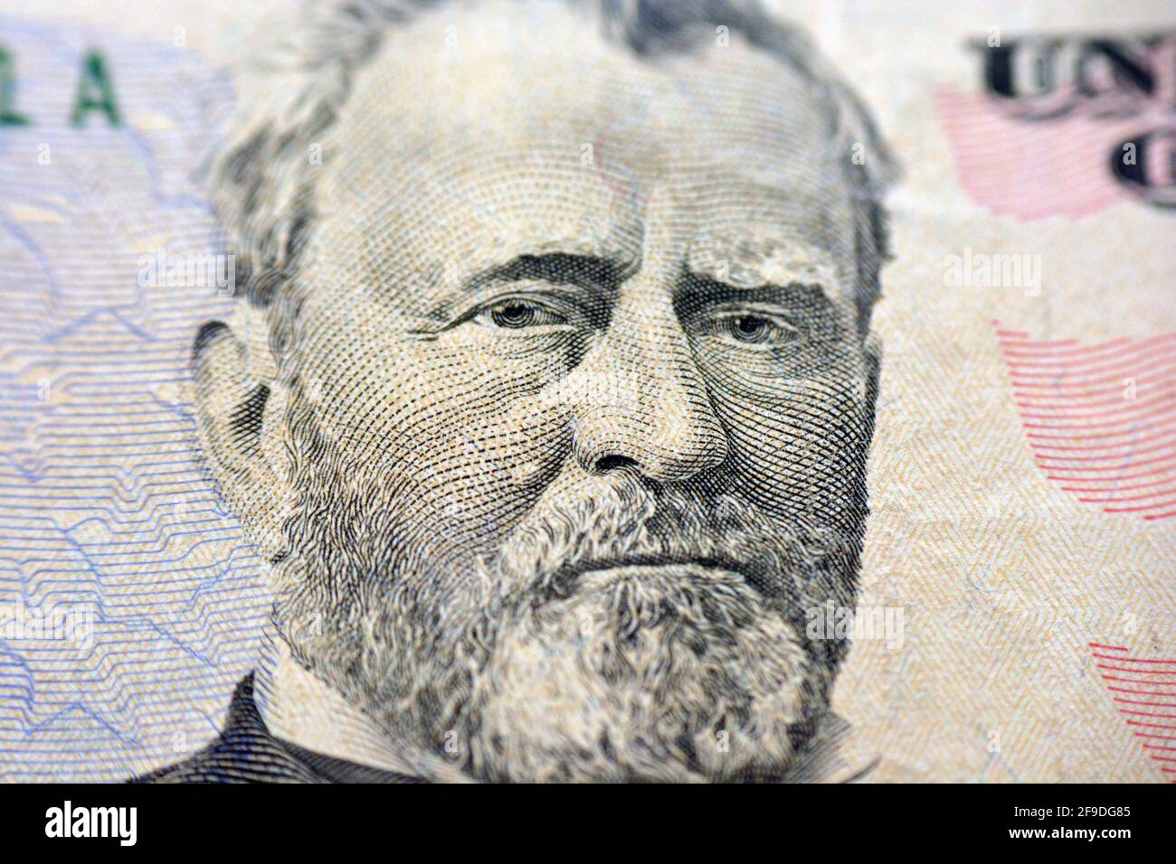 Ulysses S. Grant Portrait auf der Banknote von 50 Dollar, Hintergrund 50 US-Dollar, selektiver Fokus, us-Dollar-Banknote Stockfoto