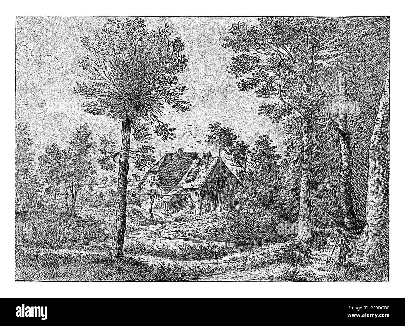 Landschaft mit einem Bauernhof und einem Teich mit einer knieenden Frau. Im Vordergrund ein Schal spielende Hirte und drei Schafe. Stockfoto