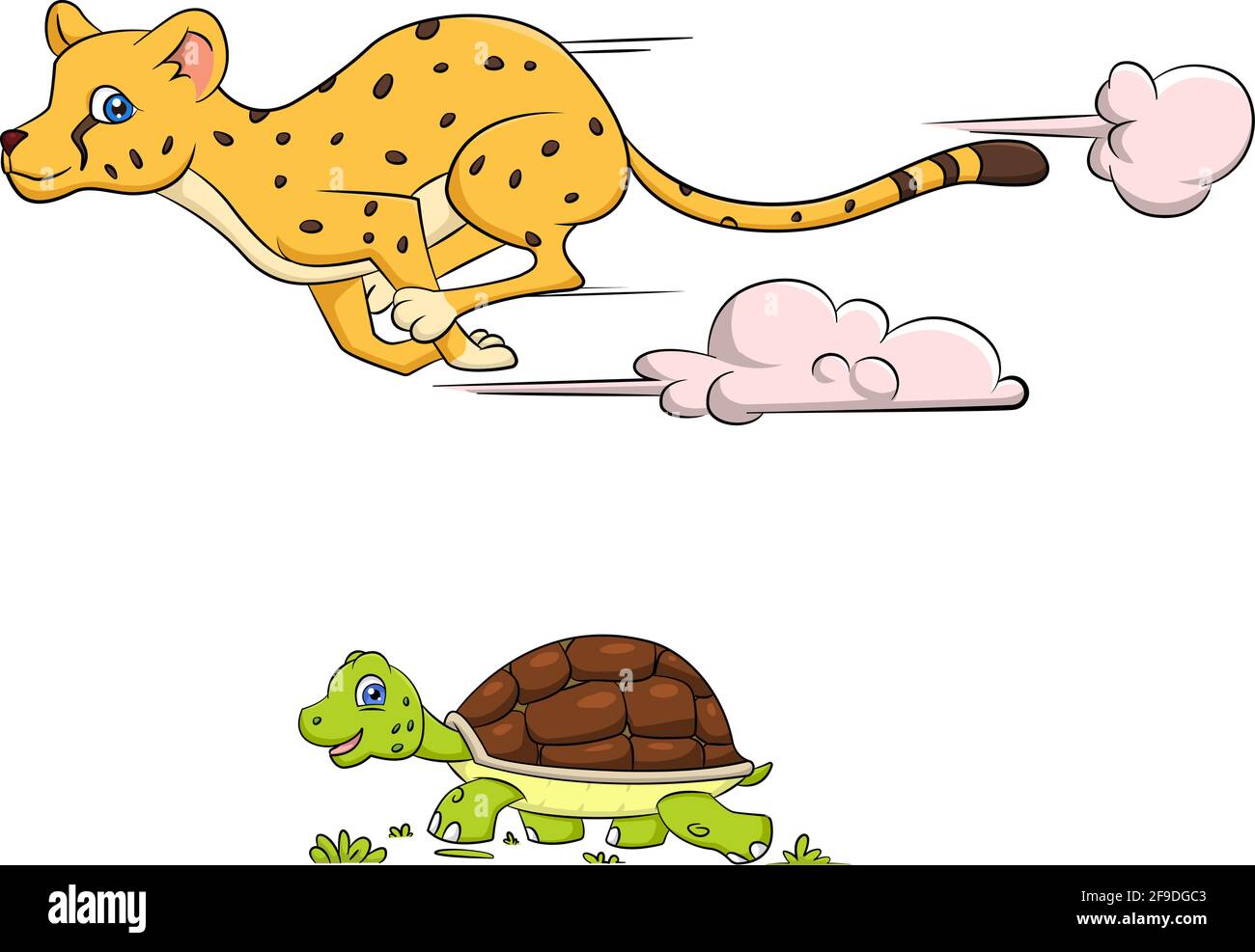 Cartoon-Vektor-Illustration von Tieren: Ein schneller Gepard Rennen eine langsame Schildkröte Stock Vektor