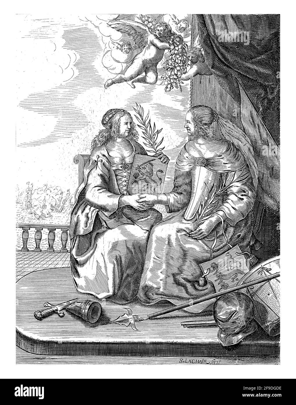 Satz über den Frieden von Westminster, unterzeichnet am 15. April 1654, der den ersten Anglo-Niederländischen Krieg beendete. Die holländische und englische Jungfrau sitzen nebeneinander Stockfoto