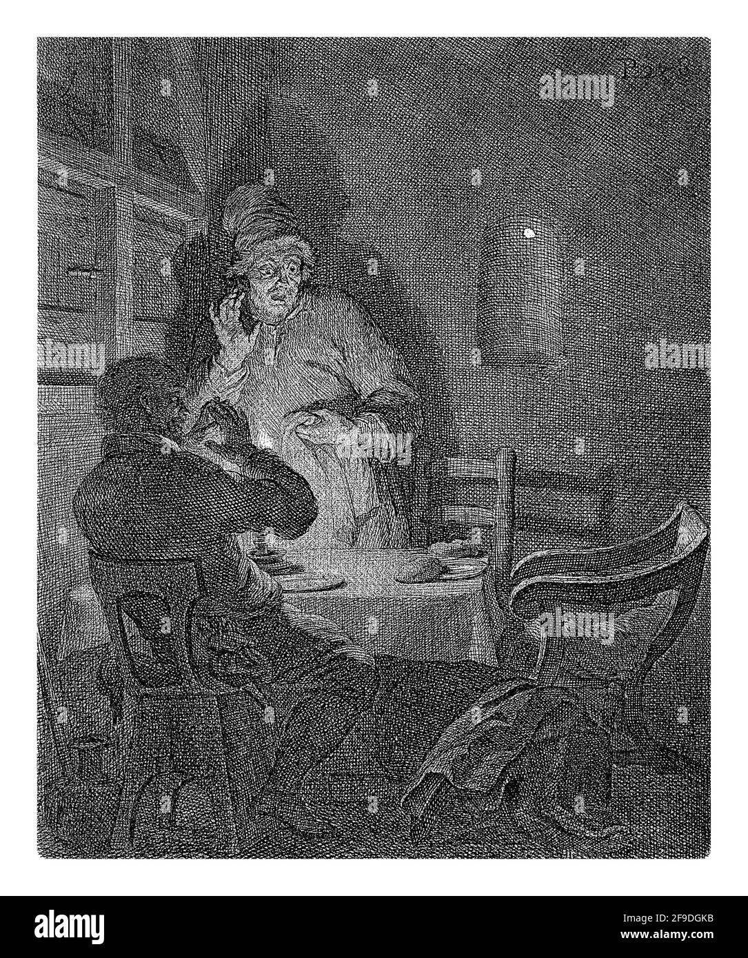 Schüler aus der Geschichte der Emmaus an einem Tisch mit einem Stück Brot. Sie schauen mit Schrecken auf einen dritten leeren Stuhl, von dem Christus plötzlich gekommen ist Stockfoto