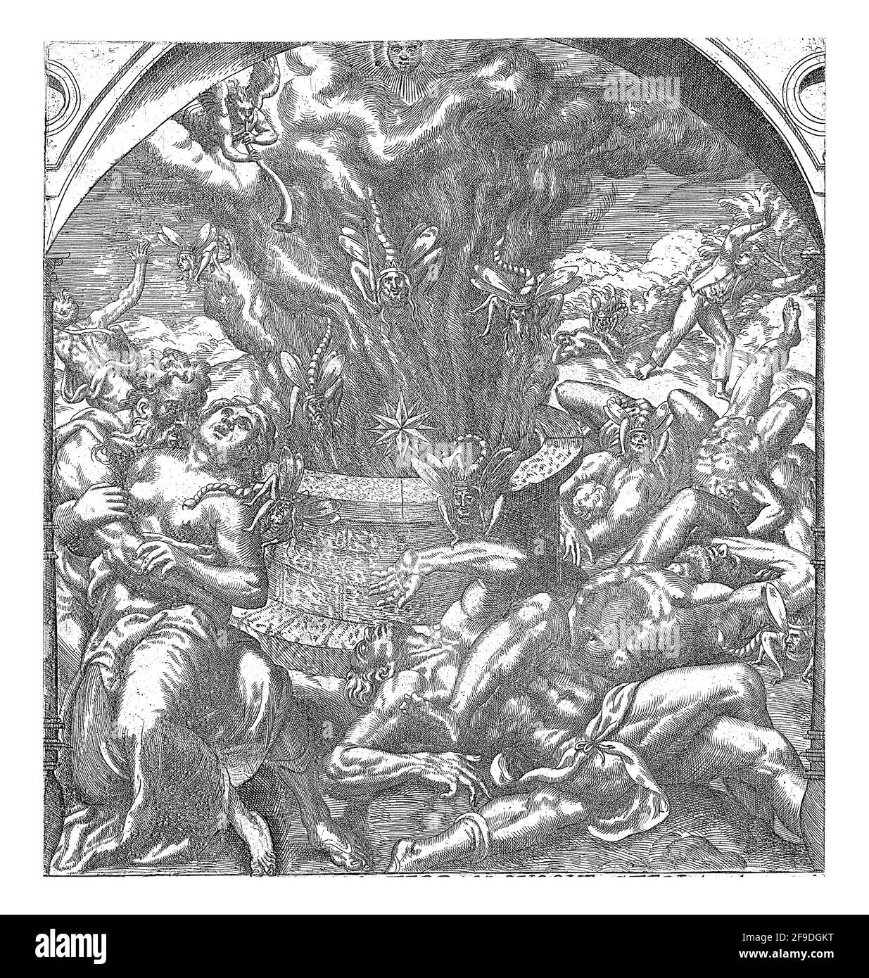 Der fünfte Engel fliegt durch die Luft und bläst seine Posaune. Aus einem Brunnen im Vordergrund kommt eine dunkle Wolke, die die Sonne verdunkelt Stockfoto