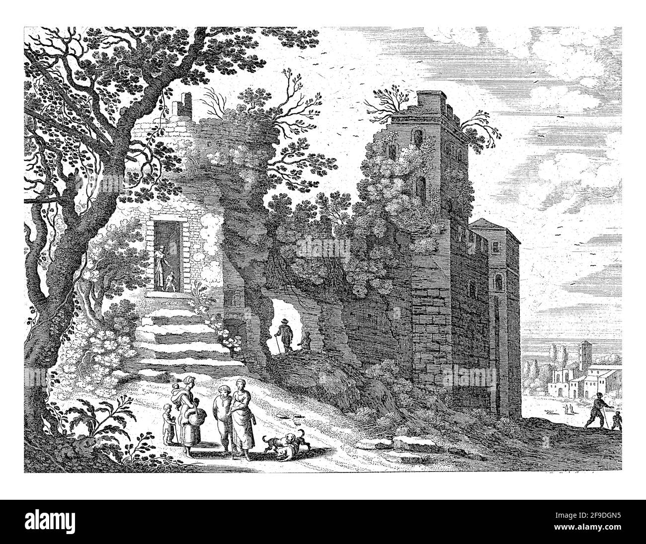 Ruine mit einer Gruppe von Frauen und Kindern und zwei spielenden Hunden. Eine Frau und ein Kind stehen in der Tür. Druck aus einer Reihe italienischer Landschaften. Stockfoto