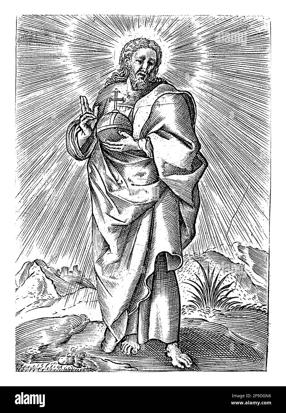 Landschaft mit Christus. Er hält einen Apfel in der Hand, mit der anderen Hand macht er eine Geste des Segens. Stockfoto