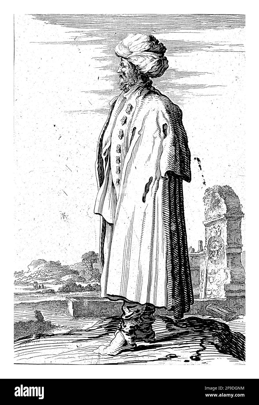 Ein Mann steht vor einem klassischen Brunnen. Er trägt einen Turban auf seinem Kopf. Der Druck ist Teil einer Serie von zwölf Drucken mit stehenden Figuren. Stockfoto