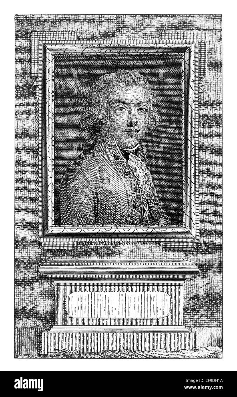 Porträt Frederiks in einem verzierten Rechteck. Auf einem Sockel stehen Name und Titel. Stockfoto