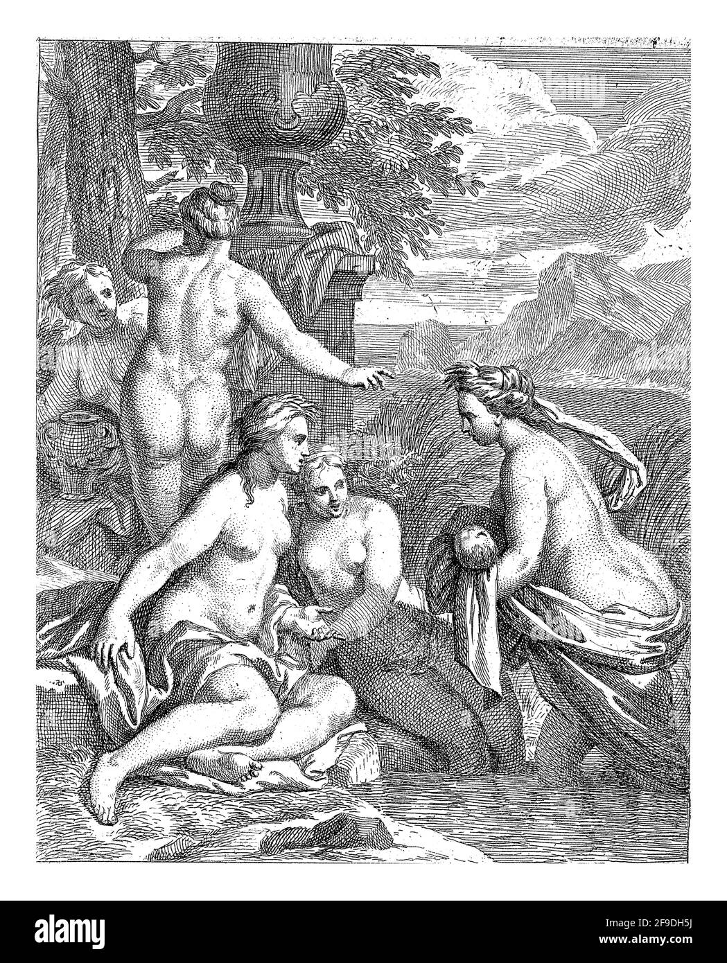 Flusslandschaft mit zwei Nymphen am Ufer und Thetis mit Achilles in ihren Armen. Hinter ihnen zwei Nymphen auf einem Sockel mit einer klassischen Vase Stockfoto