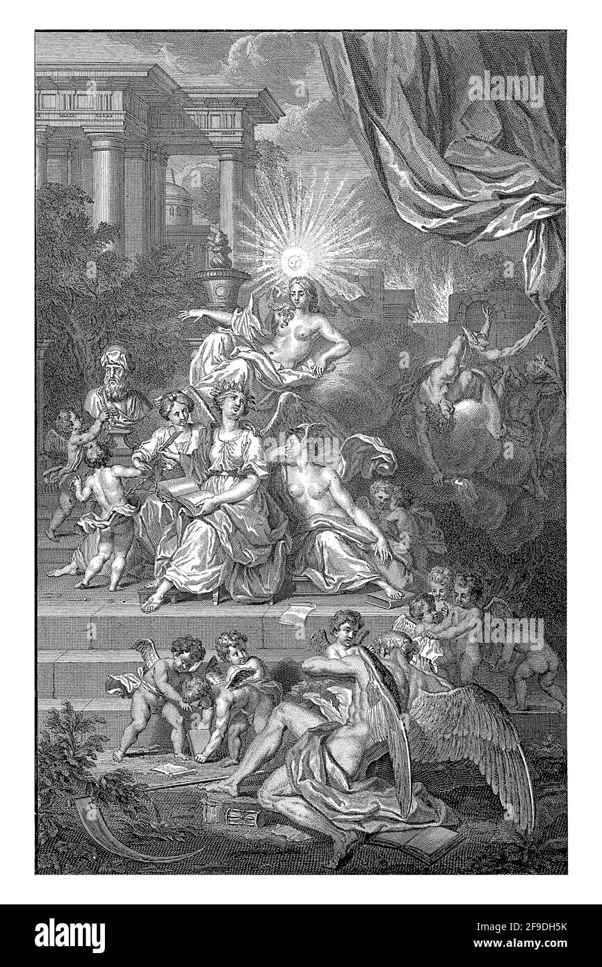 Die Personifizierung der Geschichtsschreibung, eine geflügelte Frau, die in einem Buch schreibt, sitzt auf einer Treppe, die von Putti und anderen Figuren umgeben ist. Stockfoto