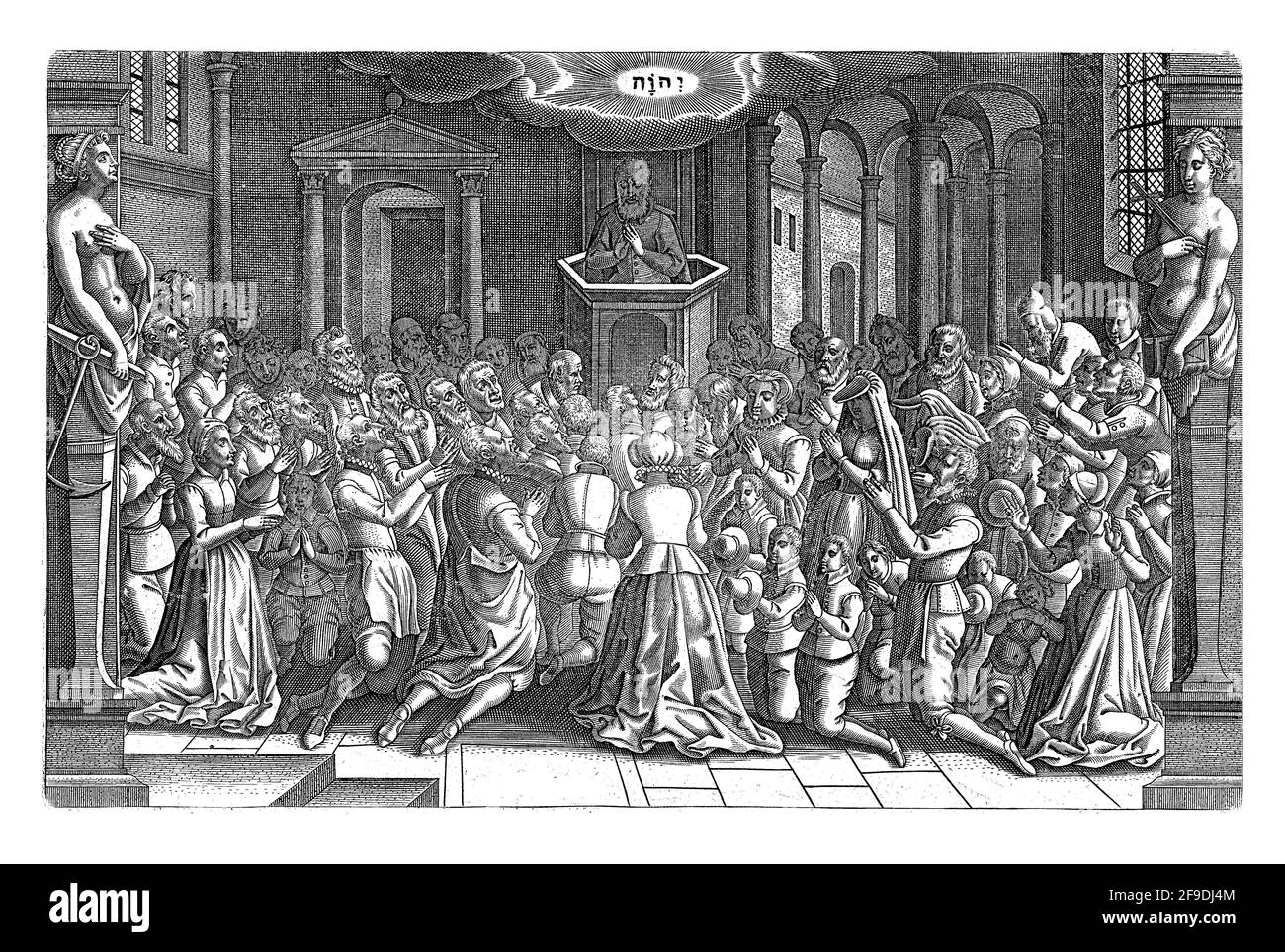 Leideners kniet in Dankbarkeit während eines Gottesdienstes nach dem Relief der Stadt, 1574. Über dem Minister das Tetragrammaton. In geschnitztem Rahmen mit h Stockfoto