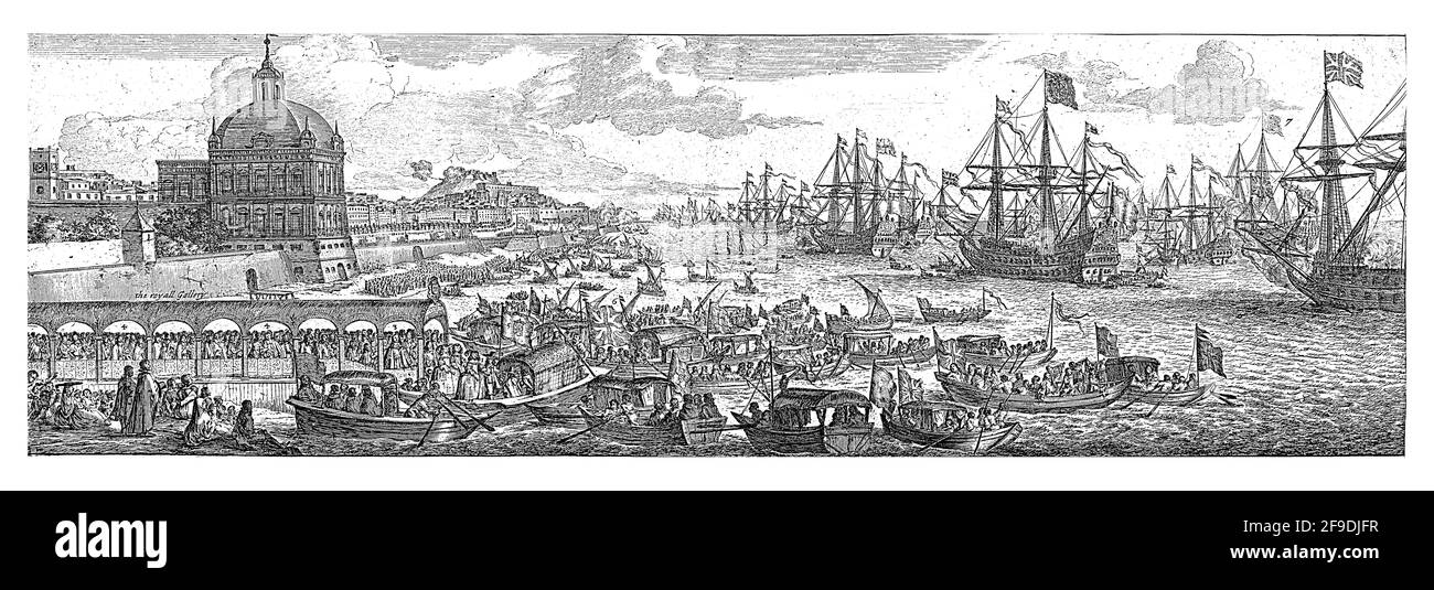 Catherine von Braganza tritt von einer Galerie in ein Schiff für ihre Abreise nach England, wo sie Karl II. Heiraten wird Sie wird von ihrem Bruder begleitet Stockfoto