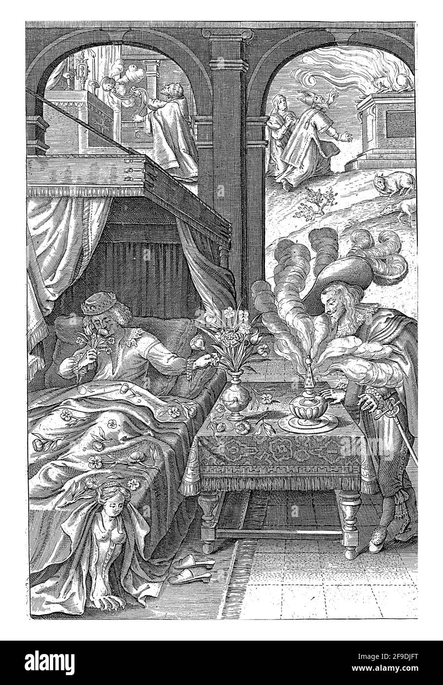 Ein Mann, der im Bett liegt, riecht nach einer Blume, ein anderer, der auf der rechten Seite eines Tisches steht und dessen Hut mit vier großen Federn geschmückt ist, genießt den Dampf Stockfoto