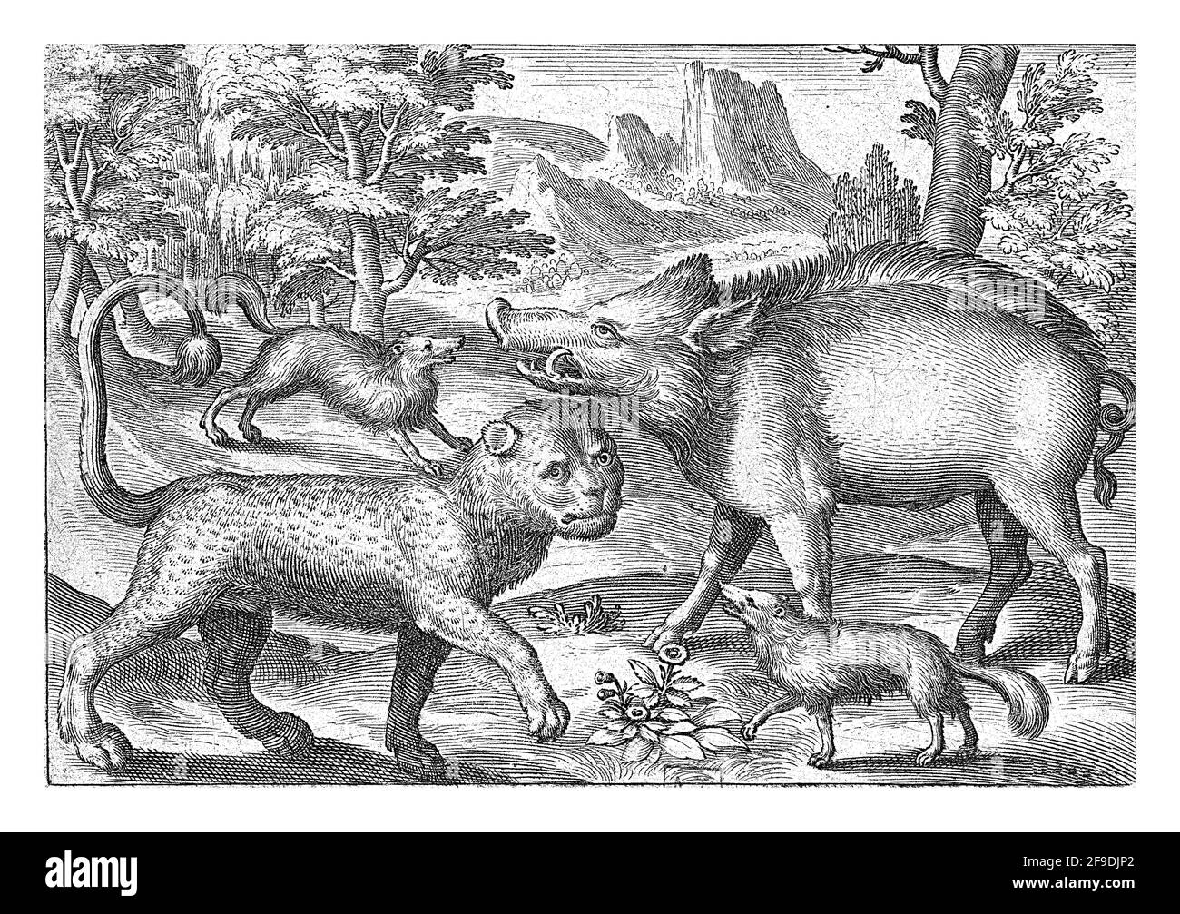 Leopard, Wildschwein und zwei Hunde, Nicolaes de Bruyn, 1594 Stockfoto