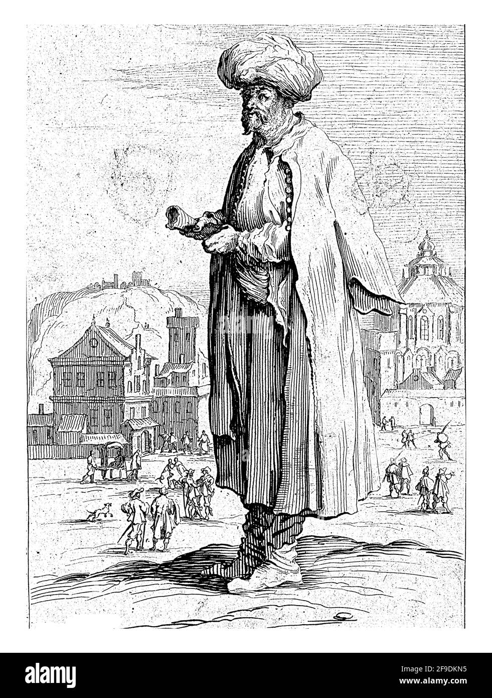 Ein Mann in orientalischer Kleidung, mit einem Turban auf dem Kopf und einer Papierrolle in den Händen, steht vor einer Stadt. Der Druck ist Teil einer Serie von tw Stockfoto