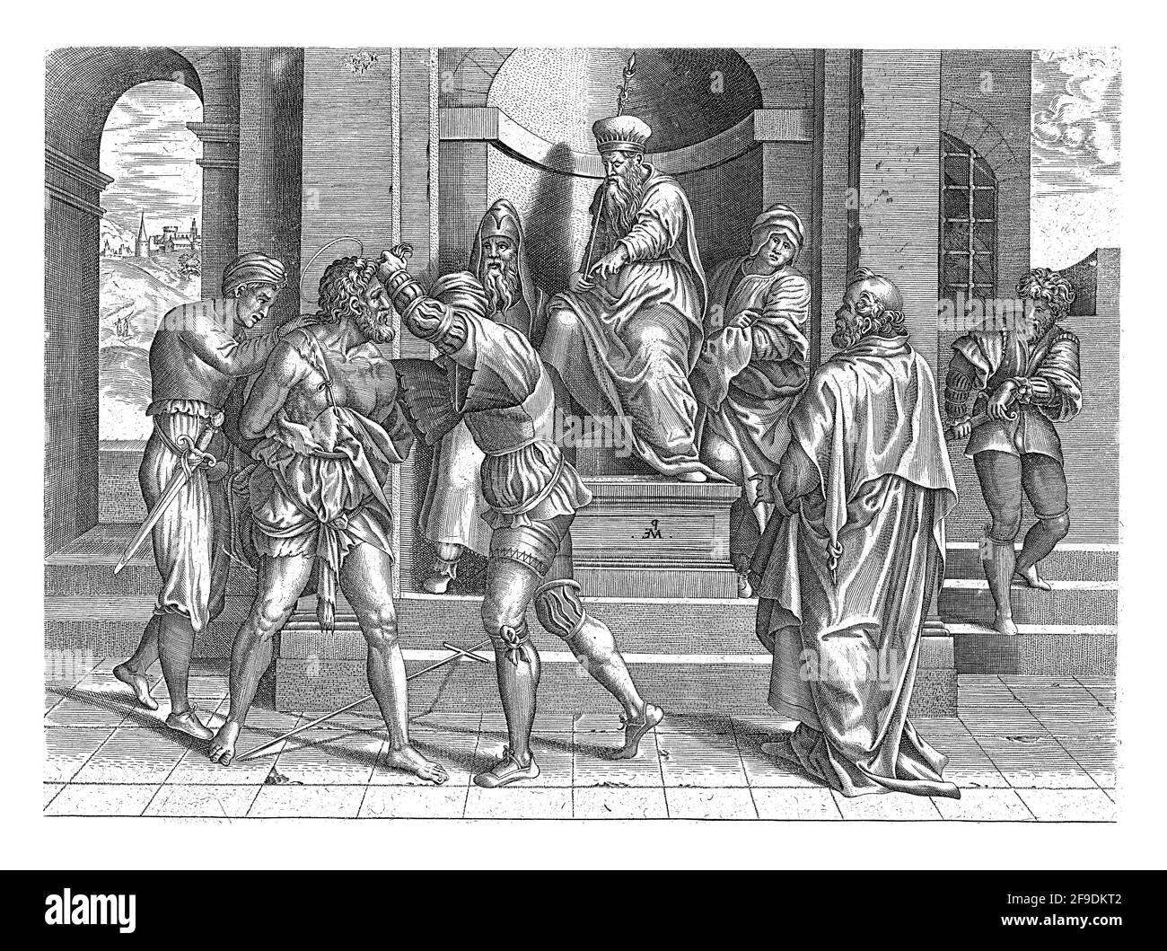 Johannes der Täufer wird gefangen genommen und Herodes auf seinem Thron befiehlt seine Enthauptung mit niedergebeugenen Augen. Von hinter dem Thron nach rechts, die Hinrichtung Stockfoto
