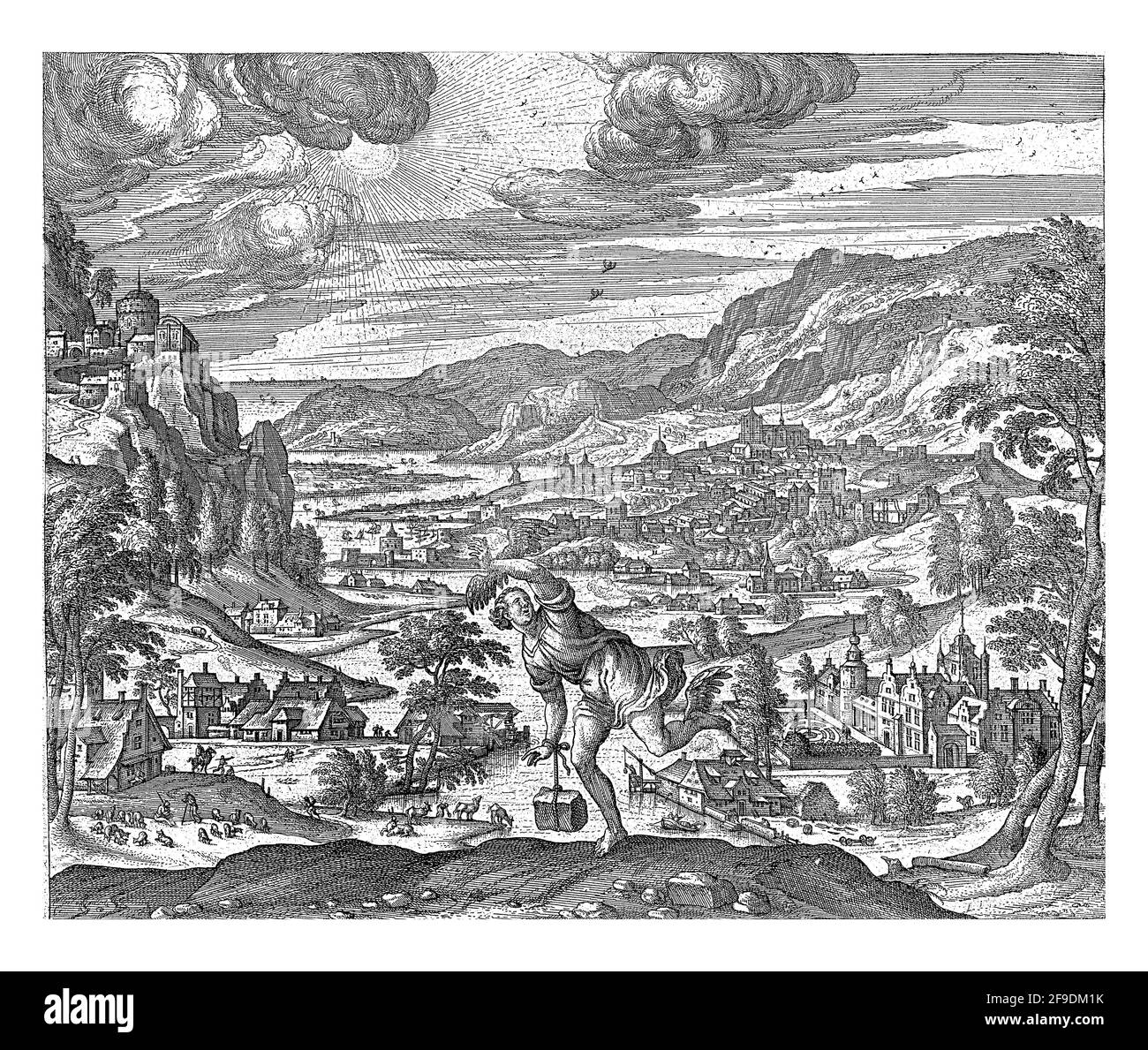 Im Vordergrund ein Jugendlicher, an dessen linke Hand- und Fußflügel befestigt sind. Er versucht zu fliegen, aber ein Fels, der mit einem Seil an seinem rechten Arm befestigt ist, verhindert mich Stockfoto