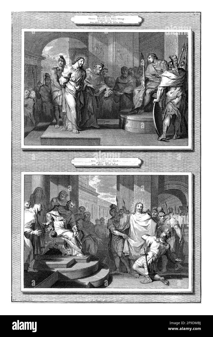 Zwei Vorstellungen. Oben: Christus vor Pilatus (Matth. L 27, S. Pilatus fragt ihn, ob er der König der Juden sei. Unten: Christus für Herodes. Stockfoto