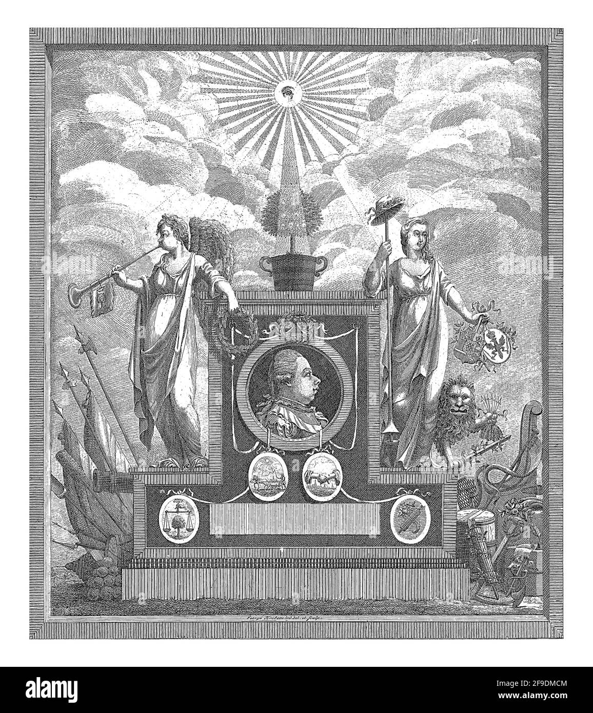 Allegorie mit einem Denkmal zu Ehren des Stadtholder Wilhelm V. und der Wiederherstellung seiner Autorität in Zeeland. Stockfoto