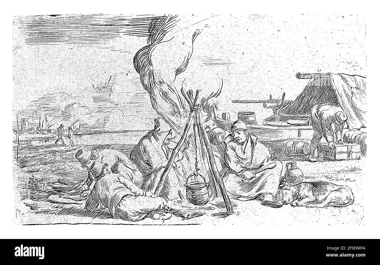 Fünf Soldaten um ein Lagerfeuer, Jan van Ossenbeeck, 1647-1674 Stockfoto