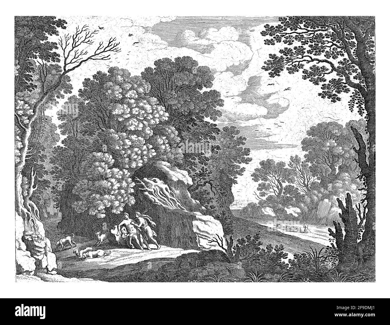 Procis, der von Cephals getötet wurde, sitzt in einer Landschaft, umgeben von Jagdhunden. Cephälus steht neben ihr und hält den Speer.Rechts Stockfoto