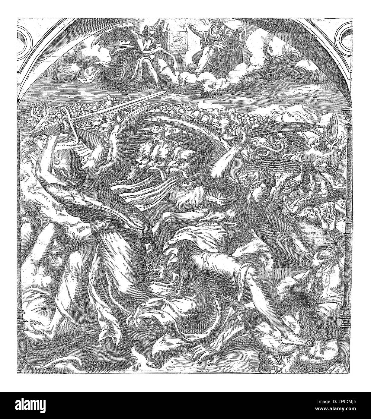 In der Luft sieht Gott, wie der sechste Engel seine Posaune bläst. Vier Todesengel schlagen die Menschheit mit Schwertern auf Erden Stockfoto