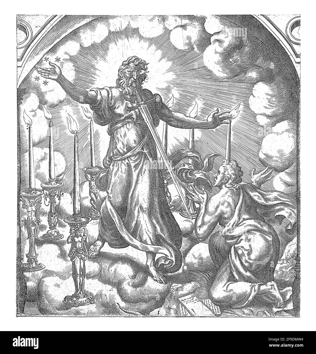 Der Apostel Johannes hat eine Vision: Er kniet vor dem Sohn Gottes nieder, der in ein Gewand gekleidet ist, mit einem goldenen Band um seine Brust.Christus hält sieben Sterne in sich Stockfoto