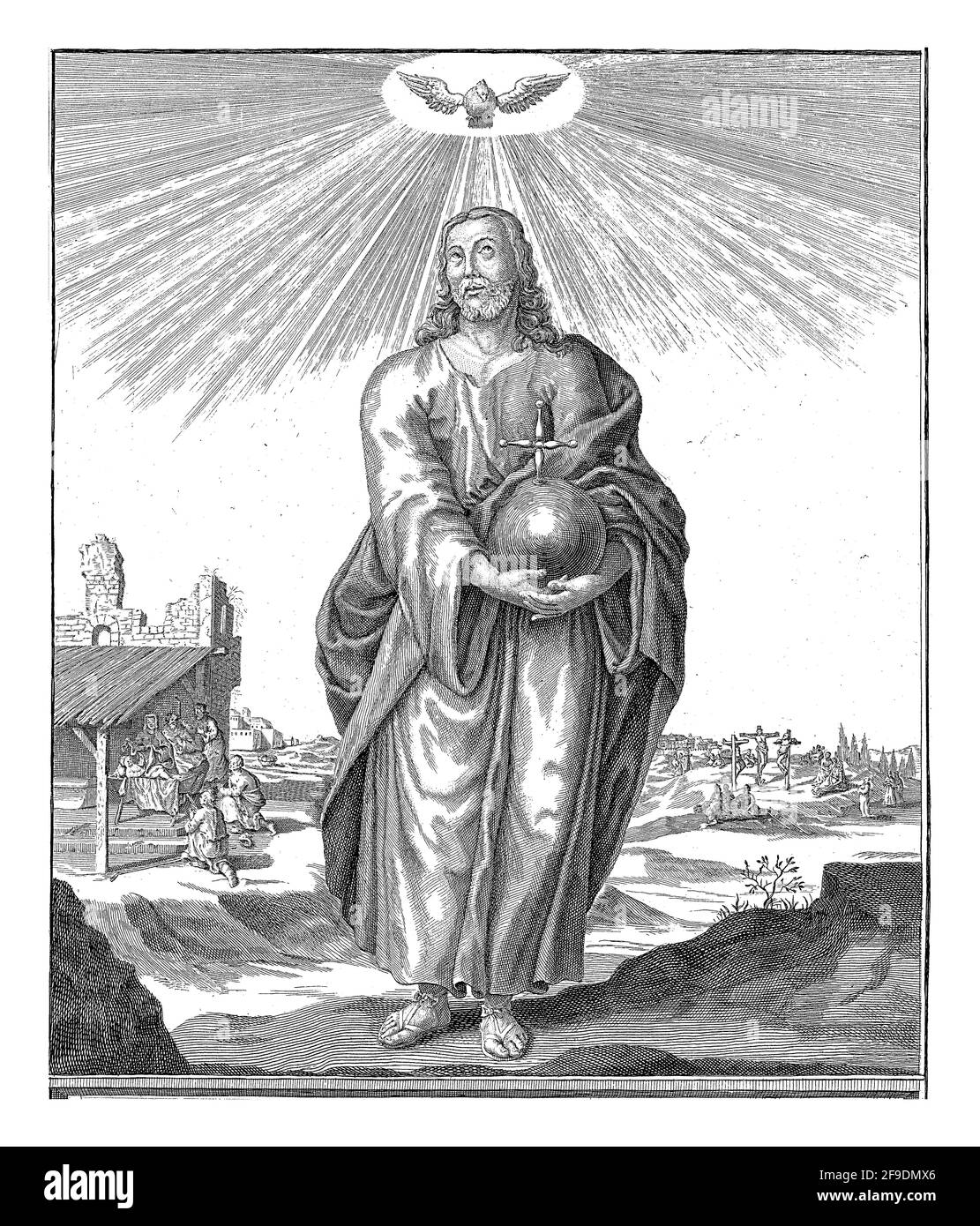 Christus mit dem Apfel in den Händen in der Landschaft und einer Taube als Symbol des Heiligen Geistes über seinem Kopf. Zwei Szenen, die sich auf den Anfang beziehen Stockfoto