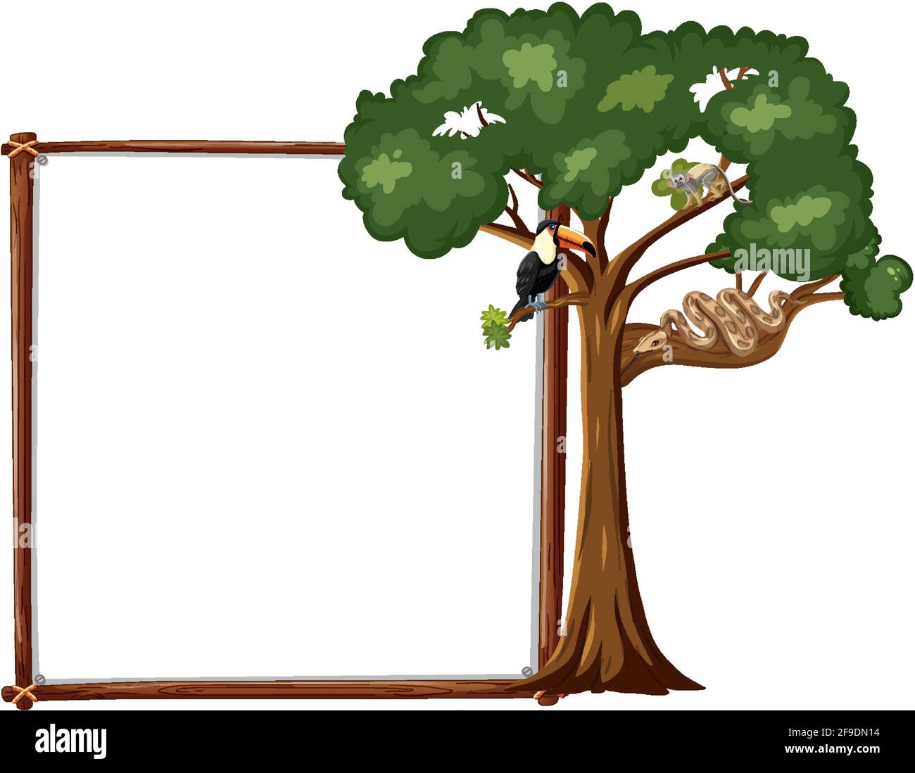 Leeres Banner mit wildem Tier auf einem großen Baum Weiße Hintergrunddarstellung Stock Vektor