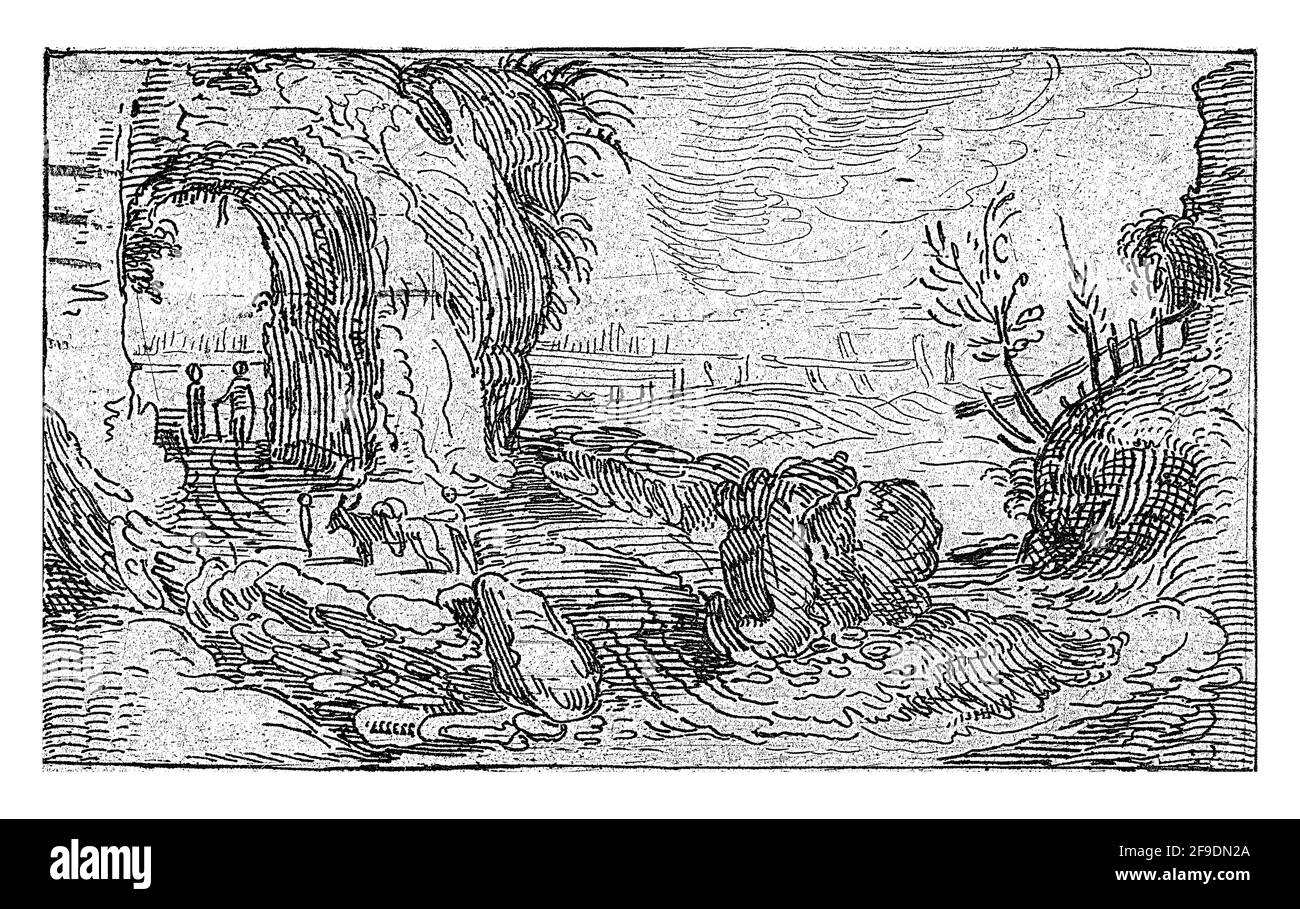 Felsige Landschaft mit einem Pfad entlang eines Wasserfalls, anonym, 1600 - 1699 Stockfoto