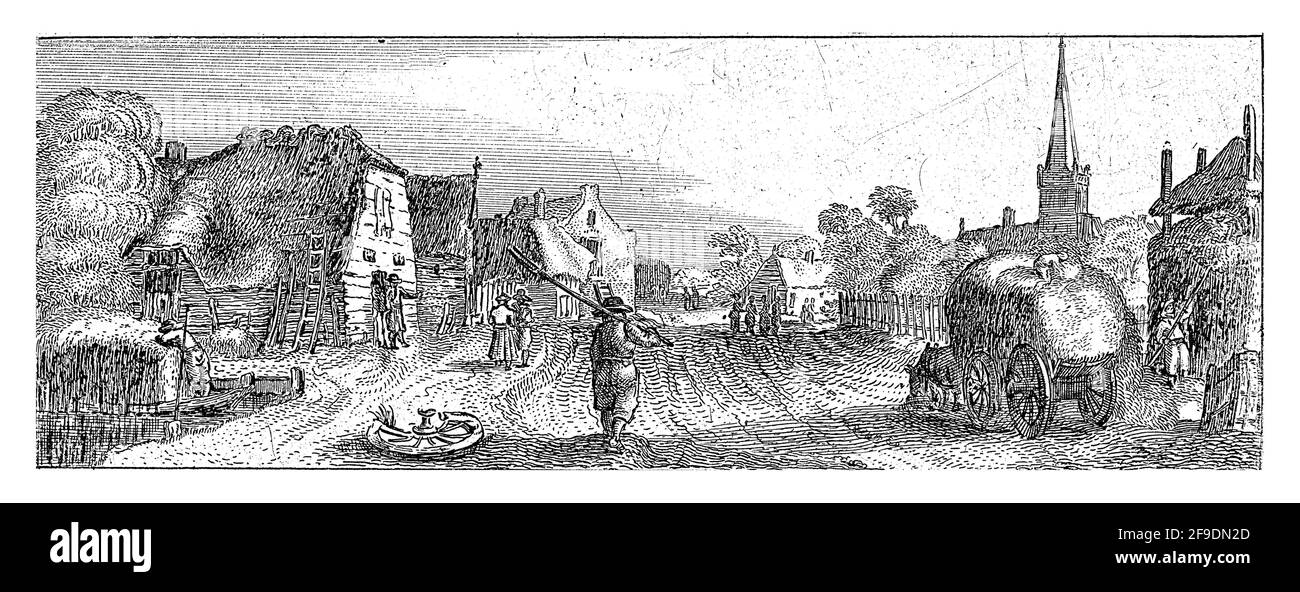 Blick auf eine breite Landstraße im Dorf Diemen. Im Vordergrund ein Mann mit einer Pitchfork und ein paar Häusern links von der Straße. Auf der rechten Seite A Stockfoto