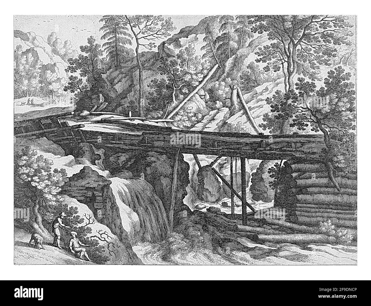 Ein hölzernes Aquädukt über einem Bach in einer Berglandschaft. Links vom Aquädukt ein Wasserfall, links unten zwei Männer und ein Hund. Drucken aus einer Serie o Stockfoto