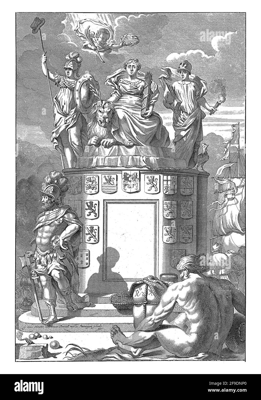 Allegorie der siegreichen Habsburger Niederlande: Die niederländische Jungfrau thront auf einem Sockel mit den Wappen der siebzehn Provinzen, und Stockfoto