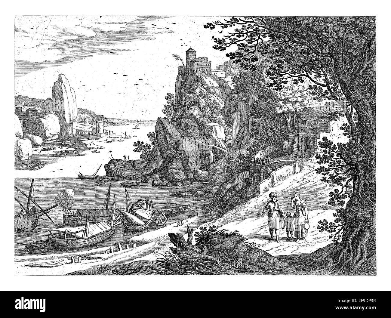 In einer italienischen Landschaft steht Abraham neben Hagar und Ismael. Hagar hat einen Krug in der einen Hand und hält ihr mit der anderen ein Tuch ins Gesicht. Stockfoto
