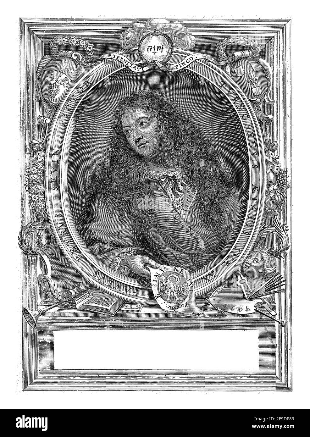 Der Maler Petrus Paulus Sevin aus Tours, mit Attributen von Malerei und Musik. Büste mit langen lockeren Haaren (oder Perücke), ein Papier mit Bildern eines peli Stockfoto