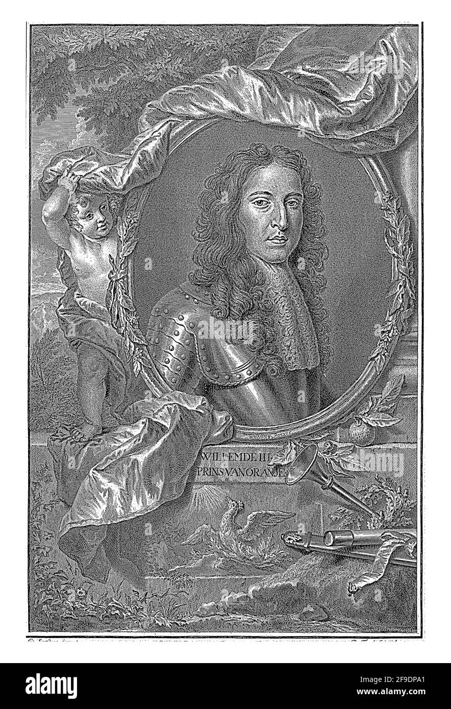 Porträt von Wilhelm III. In einem Oval. Um ihn herum befinden sich eine Reihe allegorischer Objekte, darunter ein Befehlsstab, ein Lorbeerkranz und eine Trompete. Stockfoto