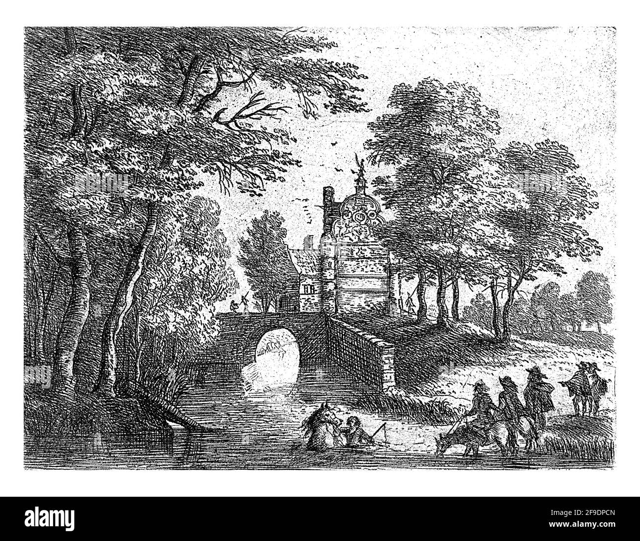 Aus einer Serie von zwölf. Landschaft mit einem Fluss an einem Waldrand. Reiter zu Pferd stehen im Wasser, weiter eine Brücke neben einem Haus hinauf. Stockfoto