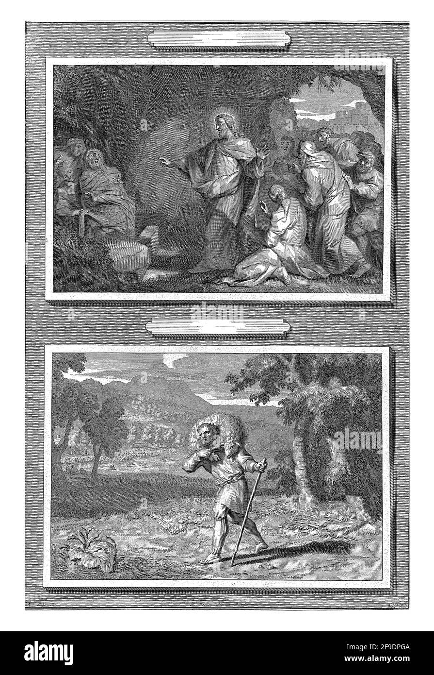 Eine Platte mit zwei Auftritten. Über der Auferweckung des Lazarus. Christus steht in der Höhle neben dem Grab des Lazarus. Lazarus, in Tuch gehüllt, r Stockfoto