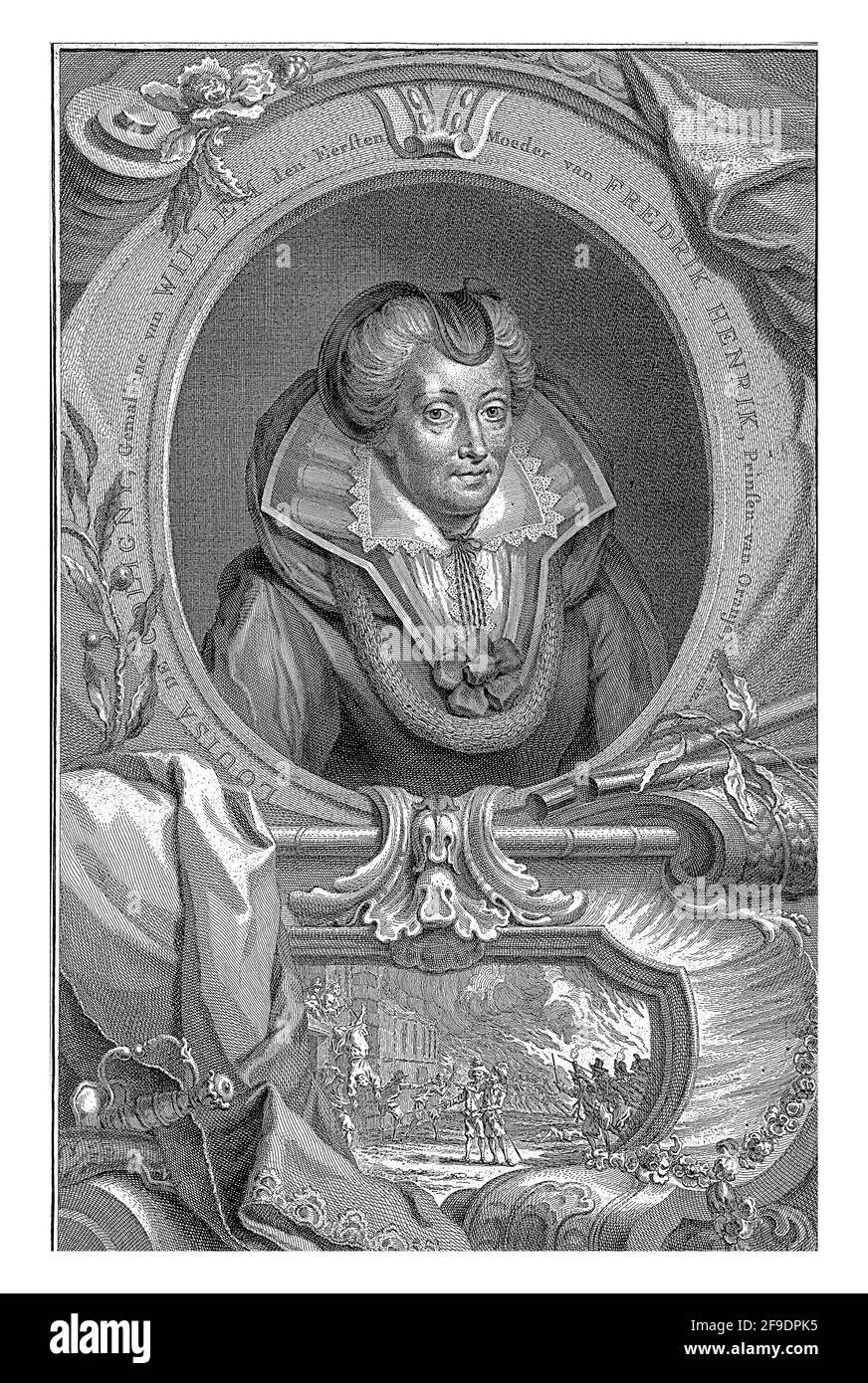 Porträt von Louise im Oval mit Randschrift. Eine Reihe allegorischer Objekte umgeben ihn Stockfoto